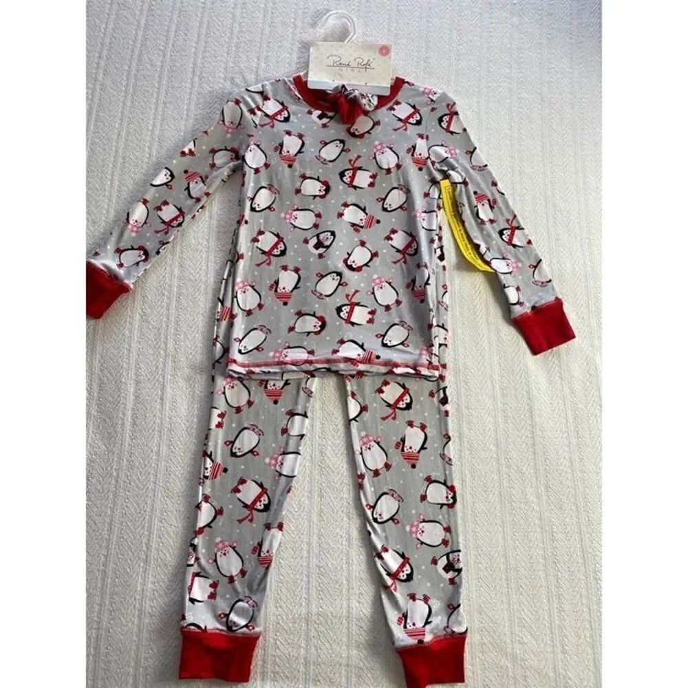 René Rofé Girl SIZE 10 Gray & Red Penguin Pajama & Scrunchie Set